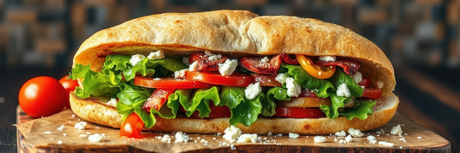 Freshly made sandwich with lettuce, tomatoes, and cheese on a wooden table